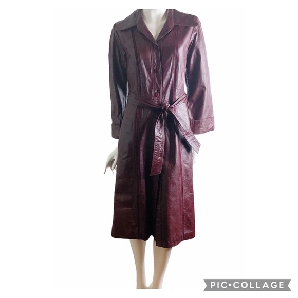 Vintage Jackets & Blazers - VTG IMPERIAL Burgundy Leather Trench Coat Belted